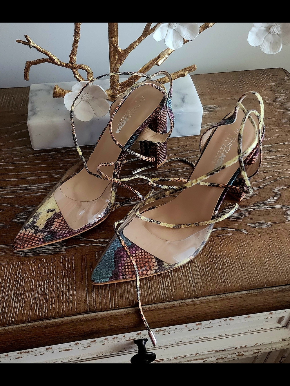 Fashion Nova Multicolor Snake-Print Pointed Lace-Up Heels